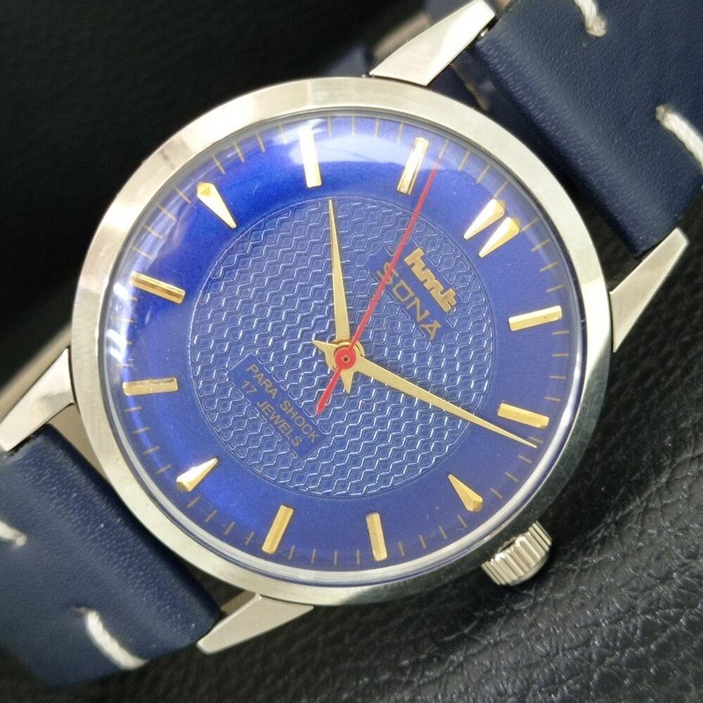 Vintage 1972 HMT Manual Wound Mens Silver Watch & Blue accents